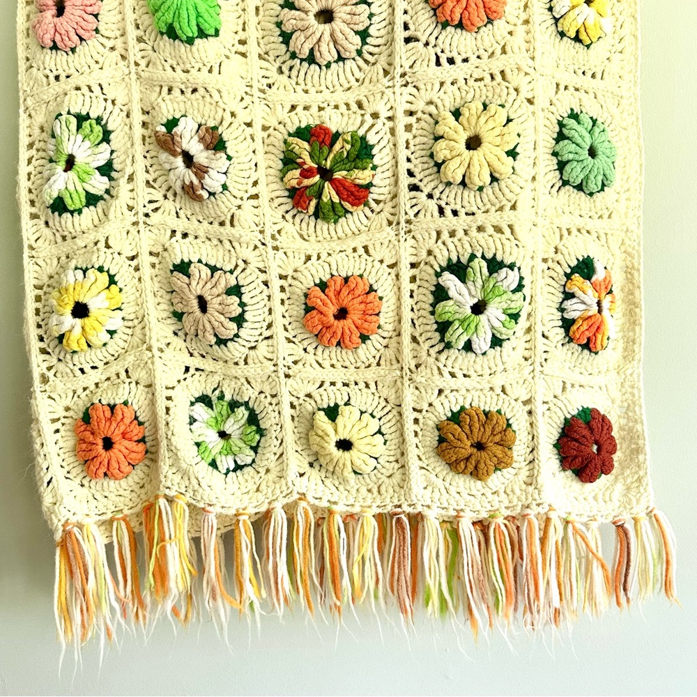 🌼VINTAGE Crochet Handmade Open Knit Floral Colorful Throw Blanket